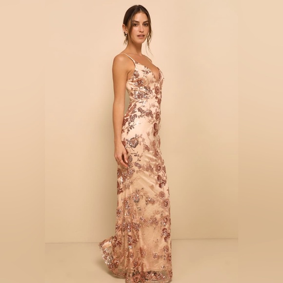 Lulus Shine Language Rose Gold Nude Flower Sequin Sexy Gorgeous Mermaid Maxi S - Picture 2 of 13